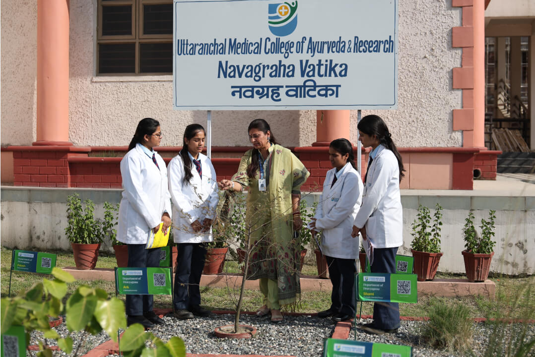 Faculty teaching students about medicinal plants at UMCAR Navagraha Vatika